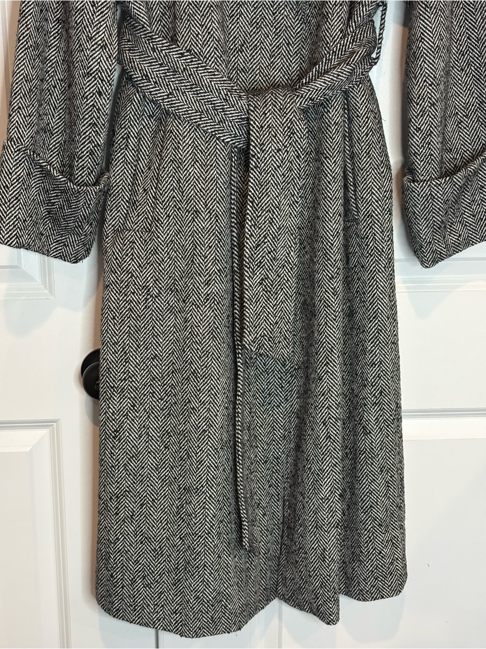 River Island London Black White Herringbone Collared Cuff Tie Waist Long Coat 10 - Picture 3 of 12
